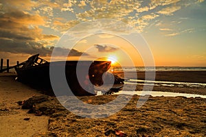 Sunset Over The Sea With Fishing Boat , Beautiful Nature