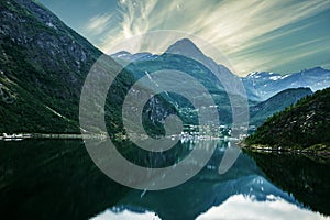 Sunset over sea and mountain, Norway fjords photo