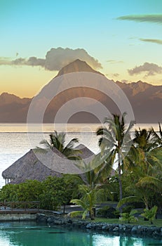 Sunset over the sea and mountains, Tahiti photo