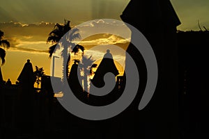 Sunset over the sea and palm trees in Turkey