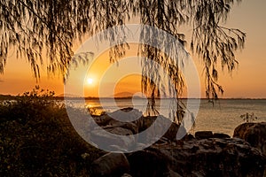 Sunset over the sea with reflections, orange glow and framed by a tree and rocks