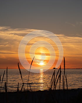 Sunset over sea with silhouette of BarsebÃ¤ck nuclear power plant visible on the horizon in Sweden