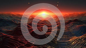 Sunset over the sea with waves. 3d rendering, 3d illustration.