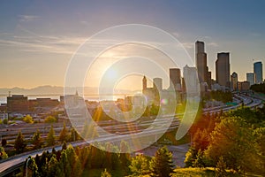 Sunset over Seattle Downtown Skyline in Washington State