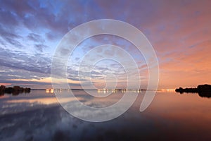 Sunset over the Shershnevskoe reservoir. Chelyabinsk, Russia