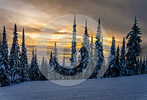 Sunset over the ski hills at Sun Peaks