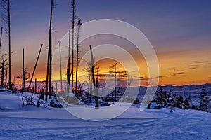 Sunset over ski trail