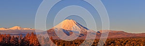 Sunset over snow capped mount Ngauruhoe at Tongariro National Park, New Zealand