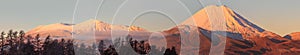 Sunset over snow capped mount Ngauruhoe at Tongariro National Park, New Zealand