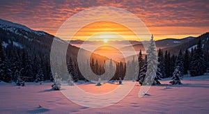 Sunset over snowy mountain forest