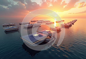 Sunset over solar-powered floating platforms in a calm sea, showcasing innovative technology and sustainability photo