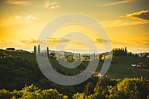 Sunset over South Styria vineyard landscape in Steiermark, Austria