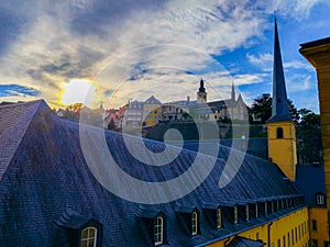 Sunset over St. John Church church of St. John or St. Jean du Grund in the Grund district, in the old town of Luxembourg, Europe