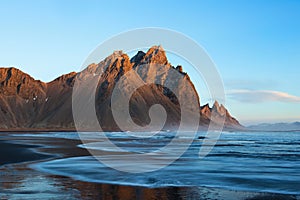 Sunset over the Stokksnes Mountain on Vestrahorn Cape in Iceland