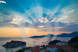 Sunset over Sveti Stefan island, Montenegro