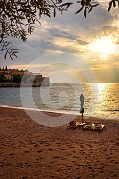 Sunset over Sveti Stefan islet in Montenegro