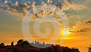 Sunset over Sveti Stefan. Islet and resort in Montenegro. Budva Riviera. Balkans, Adriatic Sea,