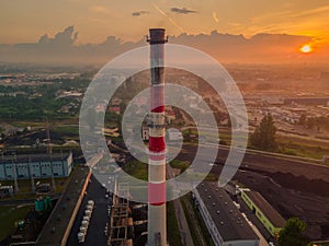 sunset over the thermal power plant from a drone