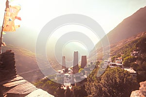 Sunset over Tibetan defense towers of Danba village Suopo in China