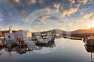 Sunset over the traditional fishing village of Naousa on Paros, Cyclades