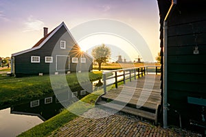 Sunset over the traditional houses at the Zaanse Schans