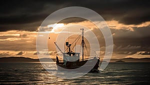 Sunset over the tranquil sea, fishing boat sails towards the horizon generated by AI