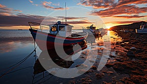 Sunset over tranquil seascape, fishing boat reflects beauty in nature generated by AI