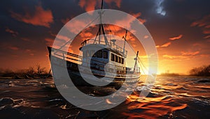 Sunset over tranquil seascape, fishing boat sails towards coastline generated by AI