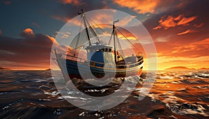 Sunset over tranquil seascape, fishing boat sails towards nautical vessel generated by AI