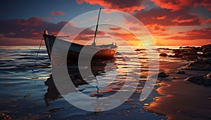 Sunset over tranquil water, a nautical vessel sails into dusk generated by AI