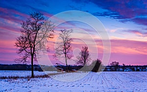 Sunset over trees and snow covered farm fields in rural Frederic