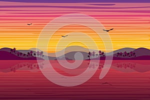 Sunset over tropical island landscape background in flat style. Hills with palm trees, sea or ocean coast, birds fly, purple