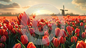 Sunset Over Tulip Field with Traditional Windmill Scenery