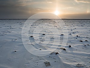 Sunset over tundra beautiful and colourful evening background