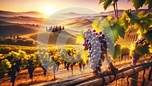 Sunset Over Tuscan Vineyard with Ripe Grapes, AI Generated