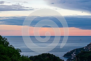 Sunset over the Tyrranean sea, viewed from The Terrace of Infinity or Terrazza dell`Infinito, Villa Cimbrone, Ravello village, Ama photo