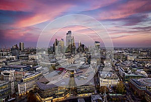 Sunset over the urban skyline of the financial district City of London