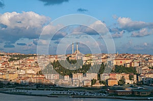 Sunset Over Urban Skyline with Mosque