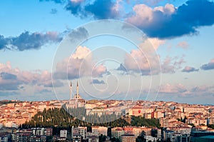 Sunset Over Urban Skyline with Mosque