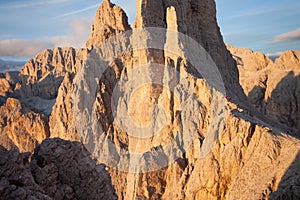 Sunset over the Vajolet towers in Dolomites