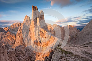 Sunset over the Vajolet towers in Dolomites