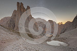 Sunset over the Vajolet towers in Dolomites