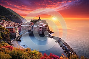 Sunset over Vernazza village in Cinque Terre, Italy, Vernazza village and stunning sunrise, Cinque Terre, Italy, Europe, AI