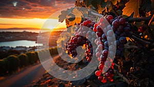 Sunset over vineyard, ripe grapes, nature beauty in winemaking generated by AI
