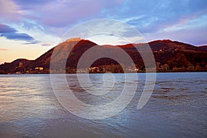 Sunset over Visegrad medieval castle in the Danube bend