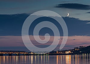 Sunset over Volga River during blue hour in Ulyanovsk