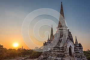 Sunset over Wat Phra Si Sanphet temple in Ayutthaya