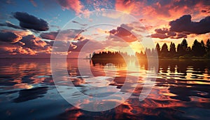 Sunset over water, nature beauty reflected in tranquil scene generated by AI