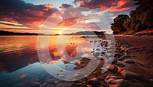 Sunset over water, nature beauty reflected in tranquil seascape generated by AI