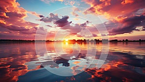 Sunset over water, nature reflection in tranquil dusk generated by AI